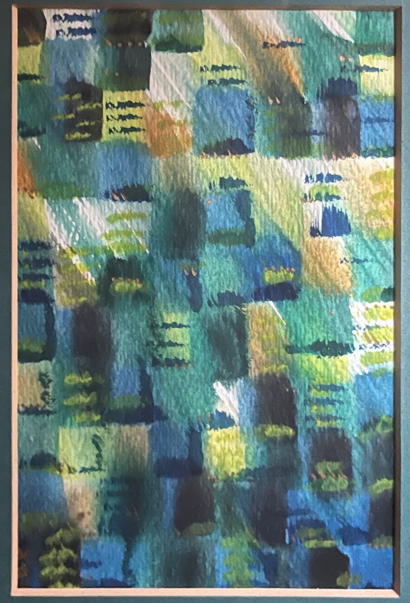 Artwork Sousan noframe Watercolor painting by Sousan Arafeh of stylized blue, gree, and yellow squares with shadows