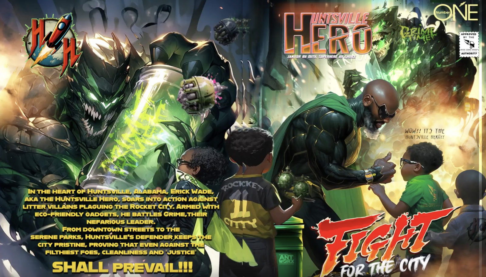 Comic rendition of a large superhero -- the Huntsville Hero -- whose passion is keeping Huntsville, AL clean